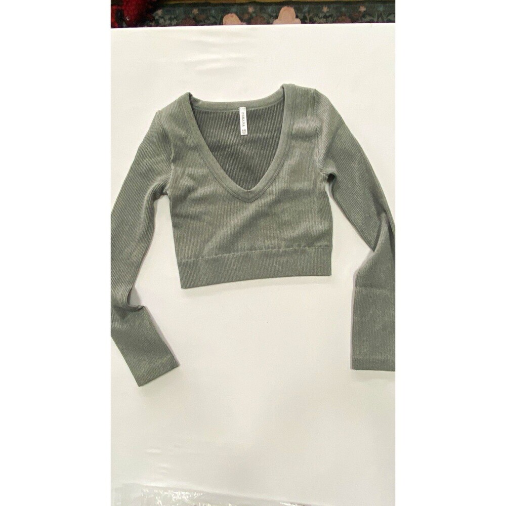 Zenana Gray Rib-Knit V-Neck Long Sleeve Cropped Sweater Top S/M